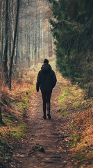 Obraz premium A person walking down a dirt path in the woods, great for outdoor adventures and nature scenes