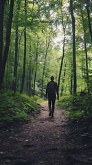 Fototapeta premium A person walking down a dirt path in the woods, great for outdoor adventures and nature scenes
