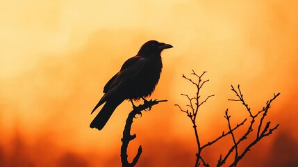   A blackbird perched atop a tree limb against an orange-yellow sky backdrop