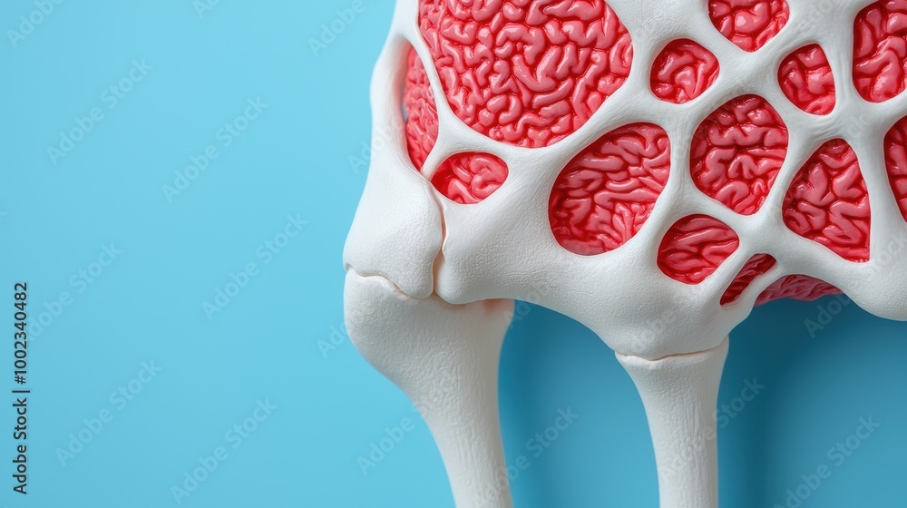 Poster bone structure with brain texture on blue background