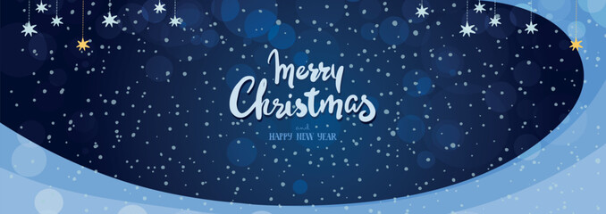 Merry christmas and happy new year banner with handwritten lettering on blue snowy background, winter landscape, flat cartoon illustration.