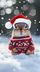 A playful chipmunk dressed in festive winter clothes, wearing a Santa Claus-style hat and a cozy Christmas sweater