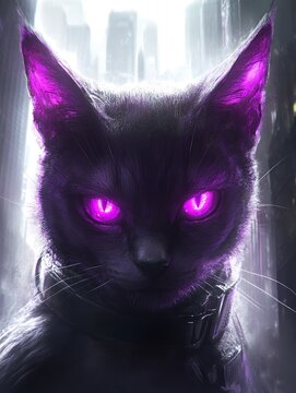 A black cat with glowing purple eyes stares intensely at the camera.