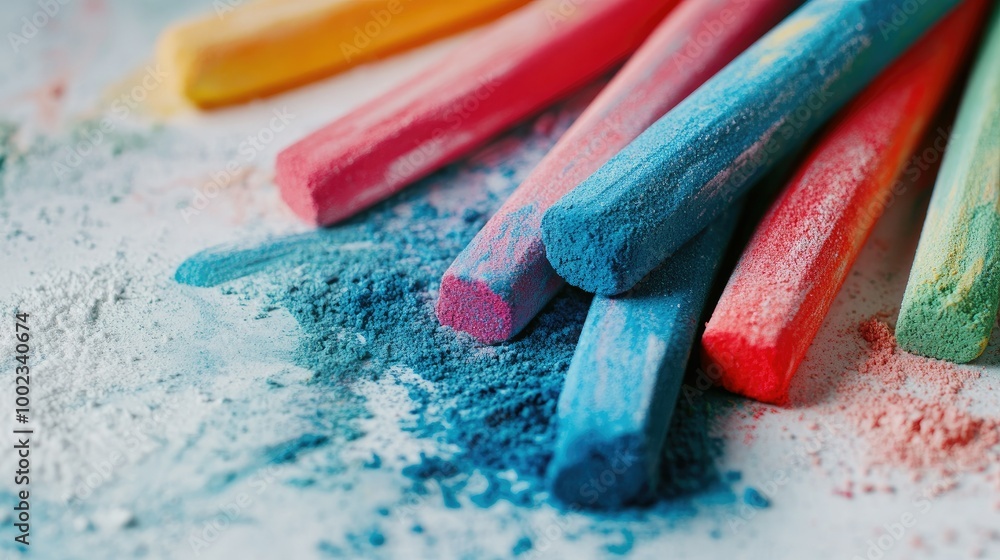 Poster close-up of colorful chalk sticks and powdered residue on a white background, creating a playful com