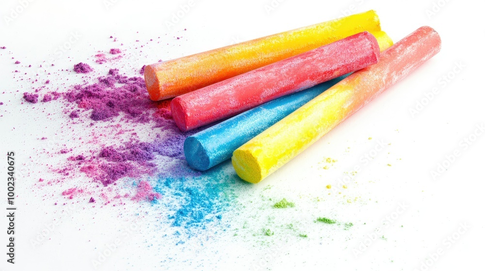 Poster close-up of colorful chalk sticks and powdered residue on a white background, creating a playful com