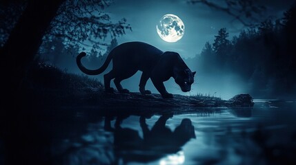   A Black Panther strolls across the water at night under a radiant moon in the background