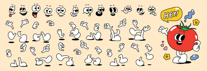 Set of 70s groovy comic faces vector. Collection of cartoon character faces, leg, hand in different emotions happy, angry, sad, cheerful. Cute retro groovy hippie illustration for decorative, sticker. © TWINS DESIGN STUDIO