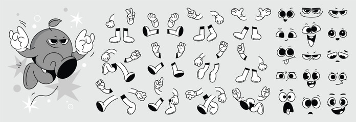 Set of 70s groovy comic faces vector. Collection of cartoon character faces, leg, hand in different emotions happy, angry, sad, cheerful. Cute retro groovy hippie illustration for decorative, sticker. © TWINS DESIGN STUDIO