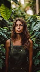 A professional portrait of a woman coffee farmer in the fields, standing against a lush green backdrop of coffee plants