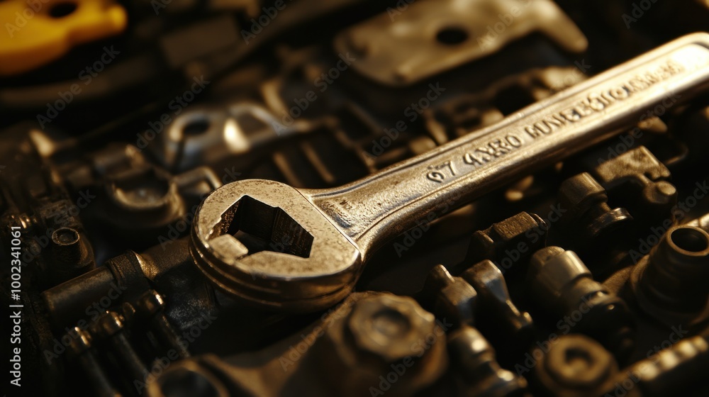 Poster close-up of a wrench resting on a metal engine surface
