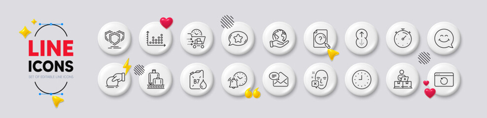 Face declined, Dot plot and Recovery internet line icons. White buttons 3d icons. Pack of Smile face, Timer, Search document icon. Shields, New mail, Swipe up pictogram. Vector