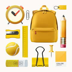 Cartoon office set emoji icons. Yellow backpack, alarm clock, pencil, ruler, eraser, tennis ball, and paperclip. Business and education concept. School objects. New notification. Work collection
