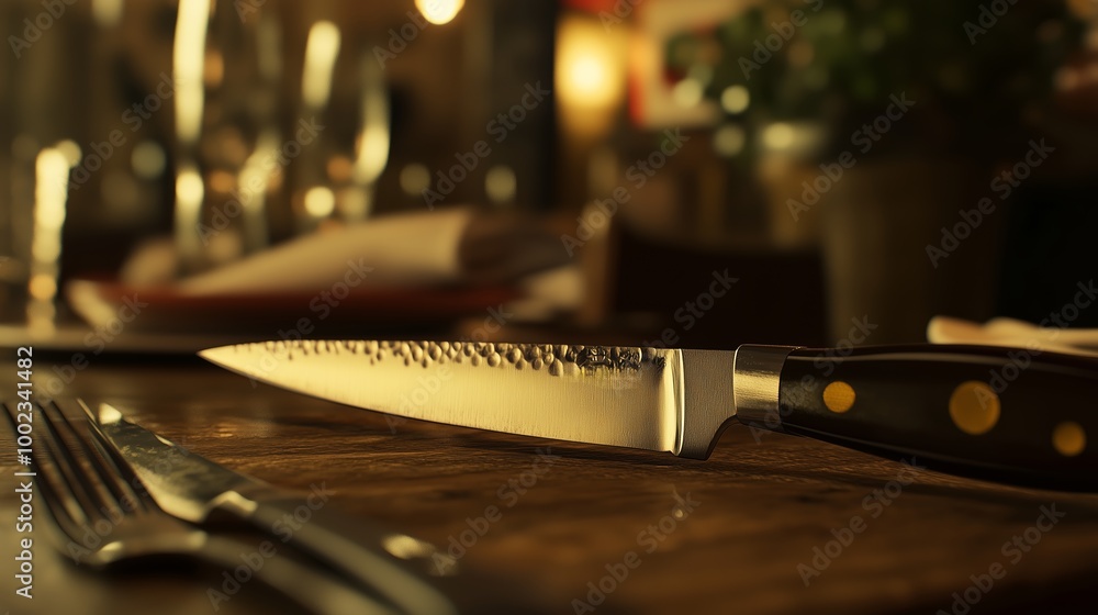 Poster a close-up view of a sharp kitchen knife resting on a rustic wooden table in a warmly lit restaurant