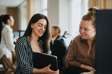 Female business professional sharing digital tablet with colleague at office