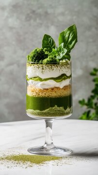 A vibrant layered dessert featuring green matcha, whipped cream, and garnished with fresh herbs in an elegant glass.