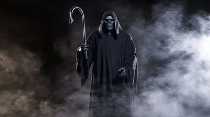 Fototapeta premium Grim Reaper in the Mist: Emphasizes the ghostly figure of the Grim Reaper in a foggy atmosphere.