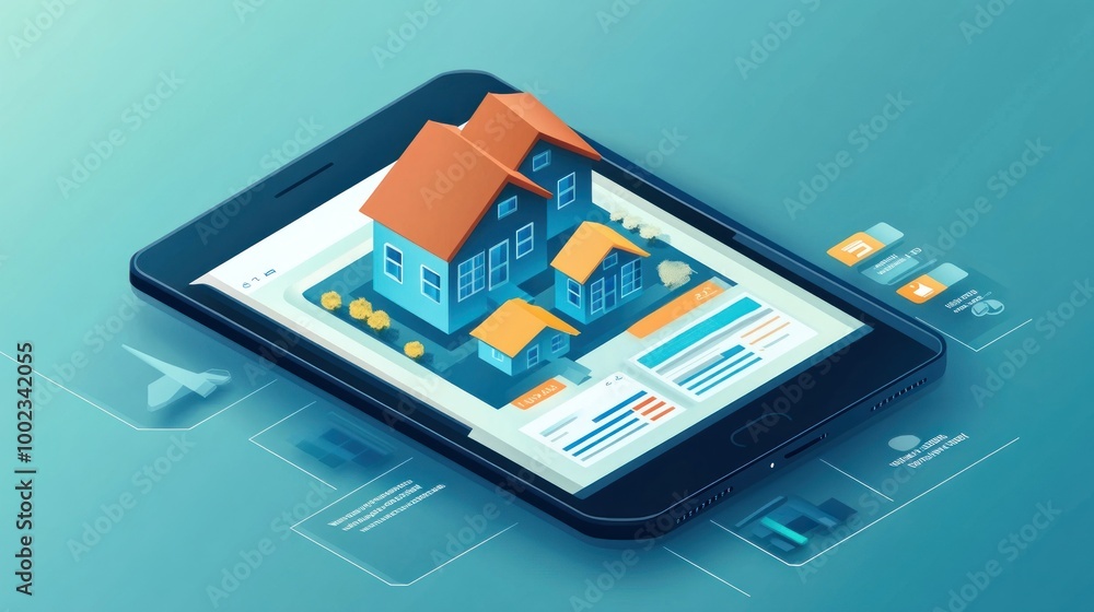 Poster Smartphone Screen Displaying 3D Model of Two Houses with  Data Analysis