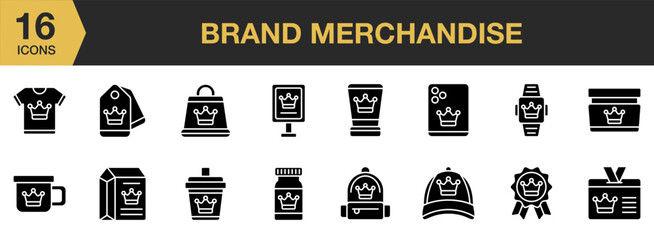 Brand Merchandise solid icon set. Includes glass, hat, shop, watch, and More. Solid icons vector collection.