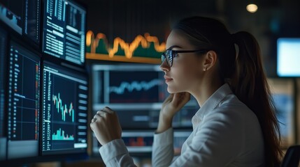 Professional woman analyzing financial data on multiple screens at a modern office during evening hours