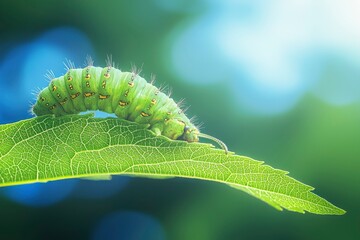 Fototapeta premium Green Caterpillar on a Leaf with a Blurry Background