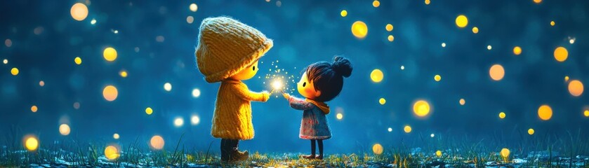 Fototapeta premium Glowing Romance - Enchanting Moment of Love as Couple Chases Fireflies at Twilight