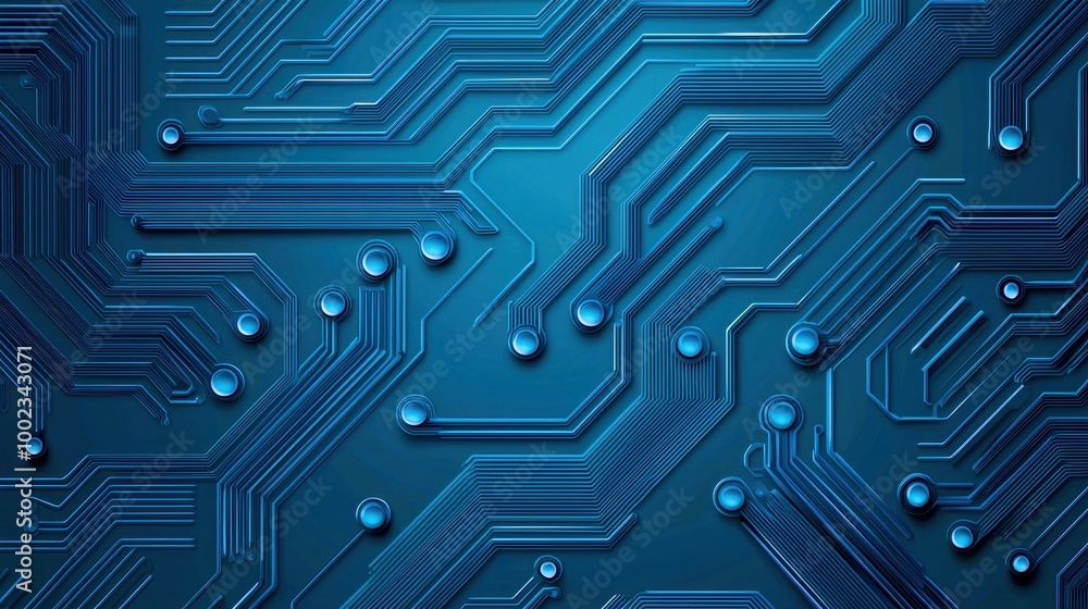 Poster abstract blue circuit board background with lines and droplets, showcasing technological innovation 