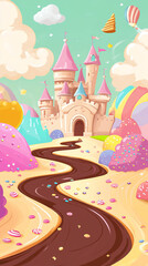 Fototapeta premium Cartoon candy background with a brown chocolate river. a landscape with colorful hills and clouds