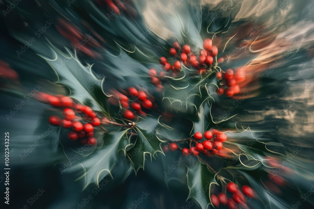 Canvas Prints Abstract Blurred Image of Red Berries and Green Holly Leaves