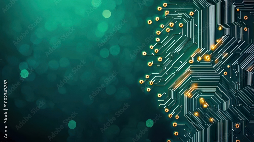 Poster abstract digital circuit board with glowing elements on a green background.