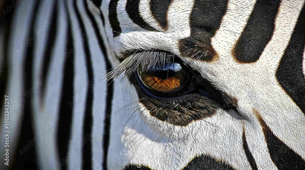 Poster a close-up of a zebra's eye with a black and white stripe pattern on its skin, highlighting the intr