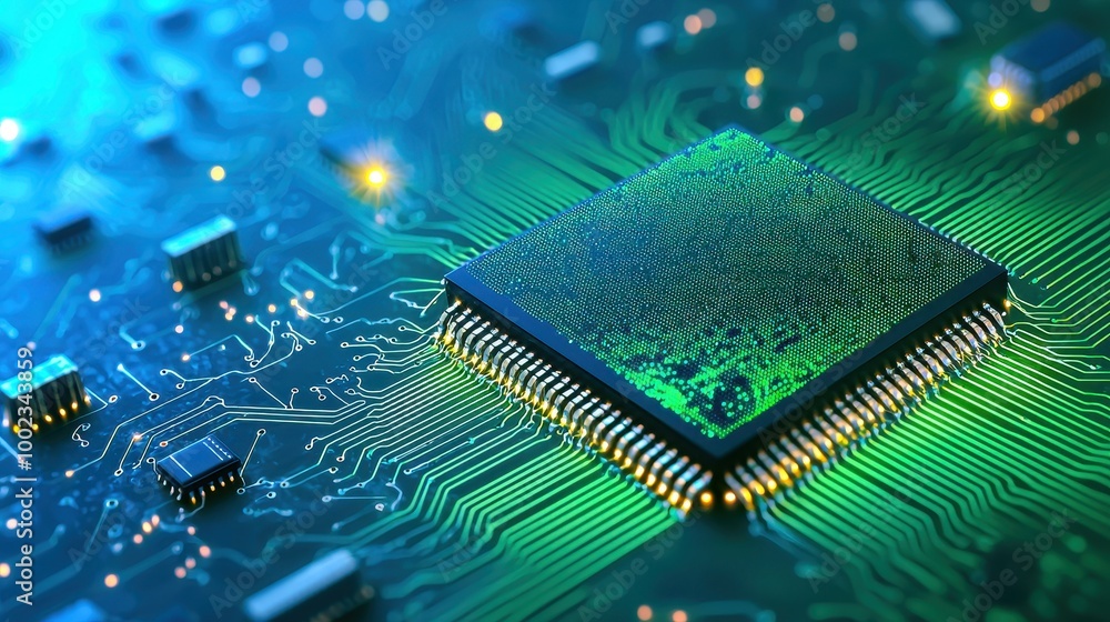 Poster close-up of a microchip surrounded by circuit patterns in vibrant colors, showcasing advanced techno