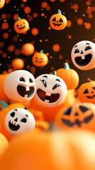 cute Halloween emojis, smiling pumpkins, happy ghosts, bright orange and black background