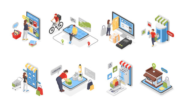 Isometric mobile e-marketing and purchases. Online store application. People buying and payment, digital shopping on website flawless vector scenes