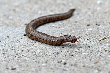 Close-up of a brown and black worm-like creature with small legs on a gravel surface