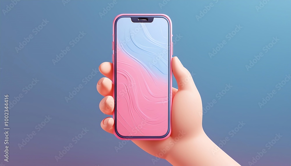 Poster a modern smartphone held in a colorful hand against a gradient background, showcasing a unique desig