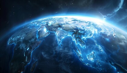 Obraz premium A Breathtaking View of Earth Highlighting Asia With Vibrant Colors and Glowing Outlines at Night