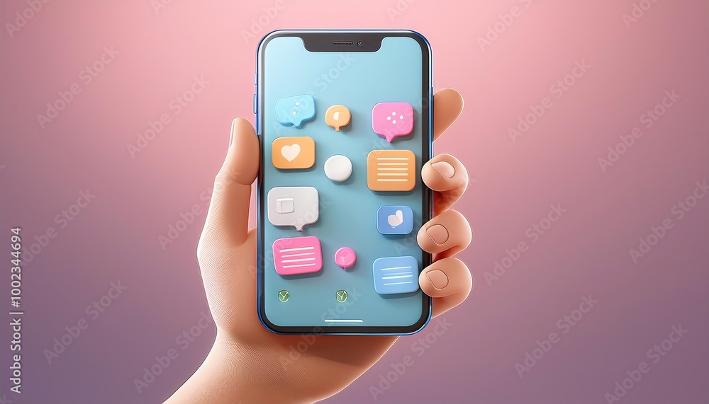 Poster a hand holds a smartphone displaying colorful app icons on a gradient background, symbolizing digita