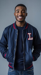 Obraz premium handsome 25 year old african american man wearing a navy lettermans jacket