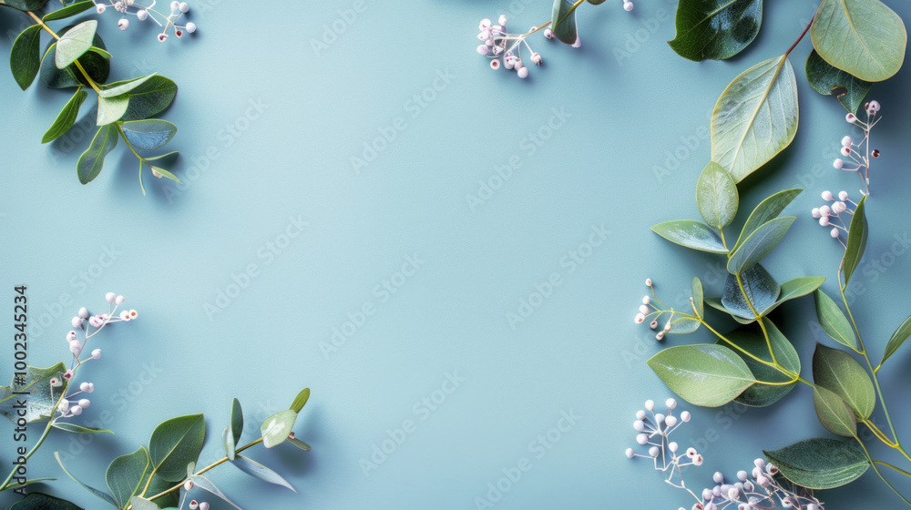 Poster delicate green leaves and light-colored berries arranged on a soft blue background, creating an invi