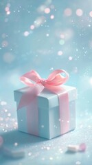 Fototapeta premium Gift box with pink ribbon on glittery