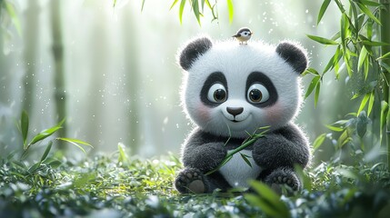 Obraz premium Pandas sitting in grass, birds on heads, bamboo trees background