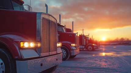 Red trucks lined up against a colorful sunset on a winter evening in a transportation yard