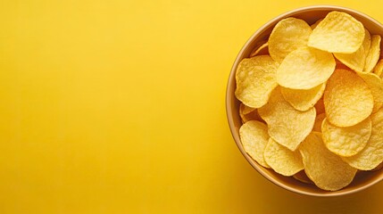 Potato chips in a round bowl on a yellow background. Space for text on the left. Top view. The most popular snack. Junk food. Banner with free space for text with generative ai