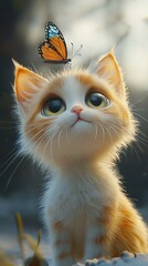 Fototapeta premium A close-up of a cat with a butterfly on its head and another on top of it
