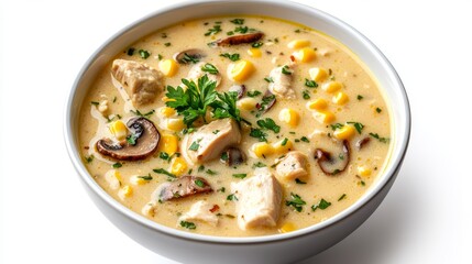 Creamy Chicken Corn and Mushroom Soup in a Bowl With Fresh Herbs