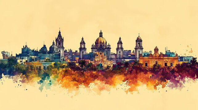 Aguascalientes, Mexico, color pen pencil hand-drawn effect drawing illustration for travel poster, card, wallpaper, backdrop or banner. Modern, clear, artistic and simple