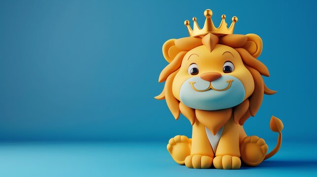 A cartoon lion wearing a golden crown sitting on a blue background.
