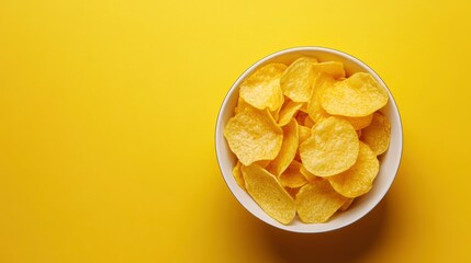 Potato chips in a round bowl on a yellow background. Space for text on the left. Top view. The most popular snack. Junk food. Banner with free space for text with generative ai