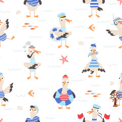 Seagull seamless pattern. Funny cartoon seagulls print template. Design for fabric wrapping webpage backdrop. Seabirds nowaday vector background