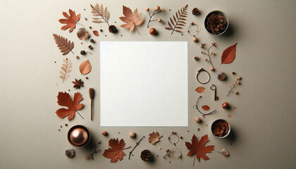 A flat lay of autumn leaves, acorns, and natural objects arranged around a blank square frame, creating a minimalist seasonal design
